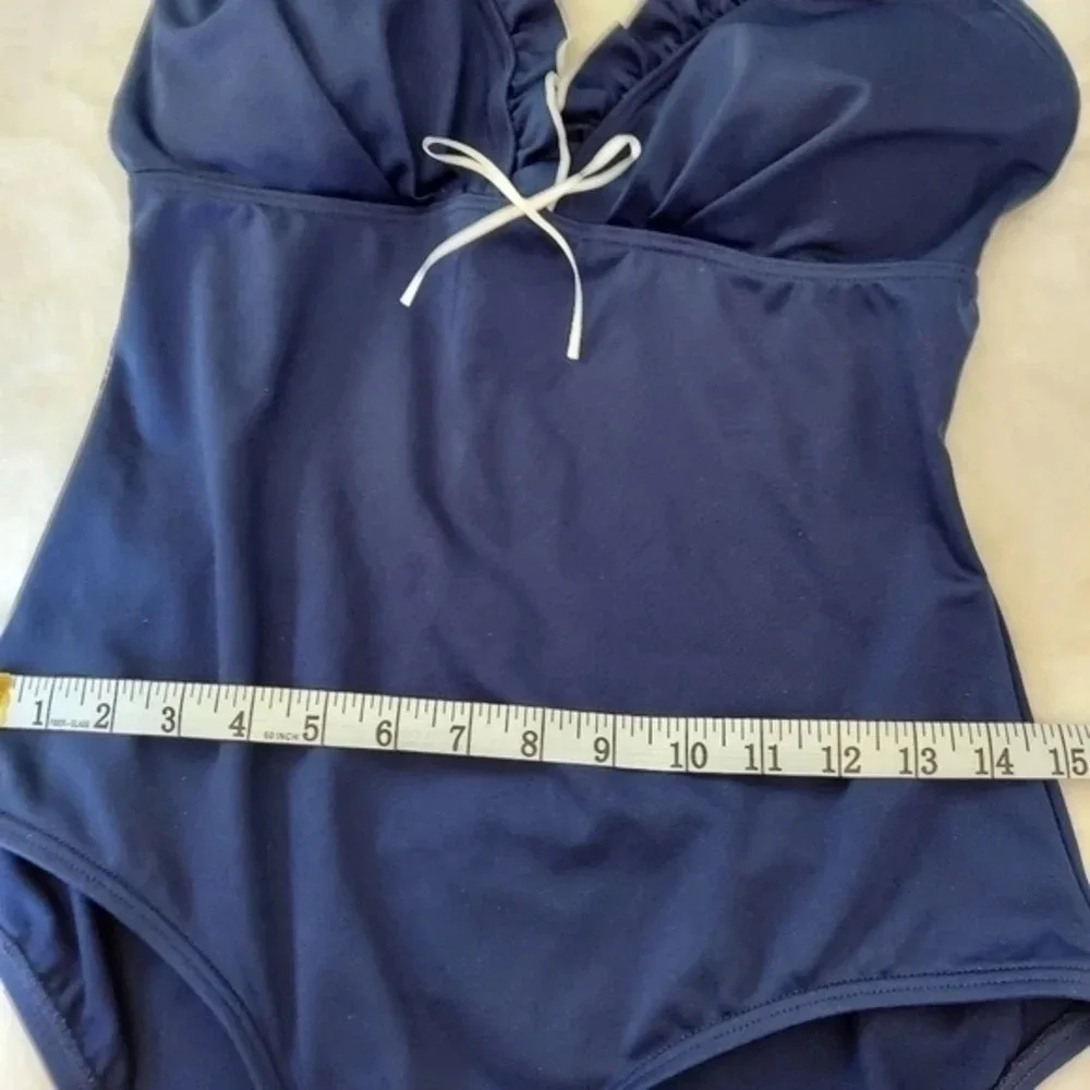 Vintage Gabar Navy Blue White Ruffled V Neck Swimsuit‎ with Adjustable St…
